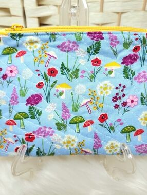 Handmade Quilted Zipper Pouch 100% Cotton Fully Lined Mushroom Floral